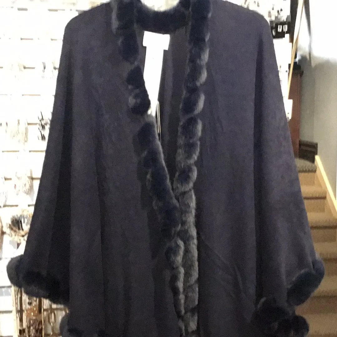 Joseph Ribkoff Midnight Blue fur trimmed Cape 213906