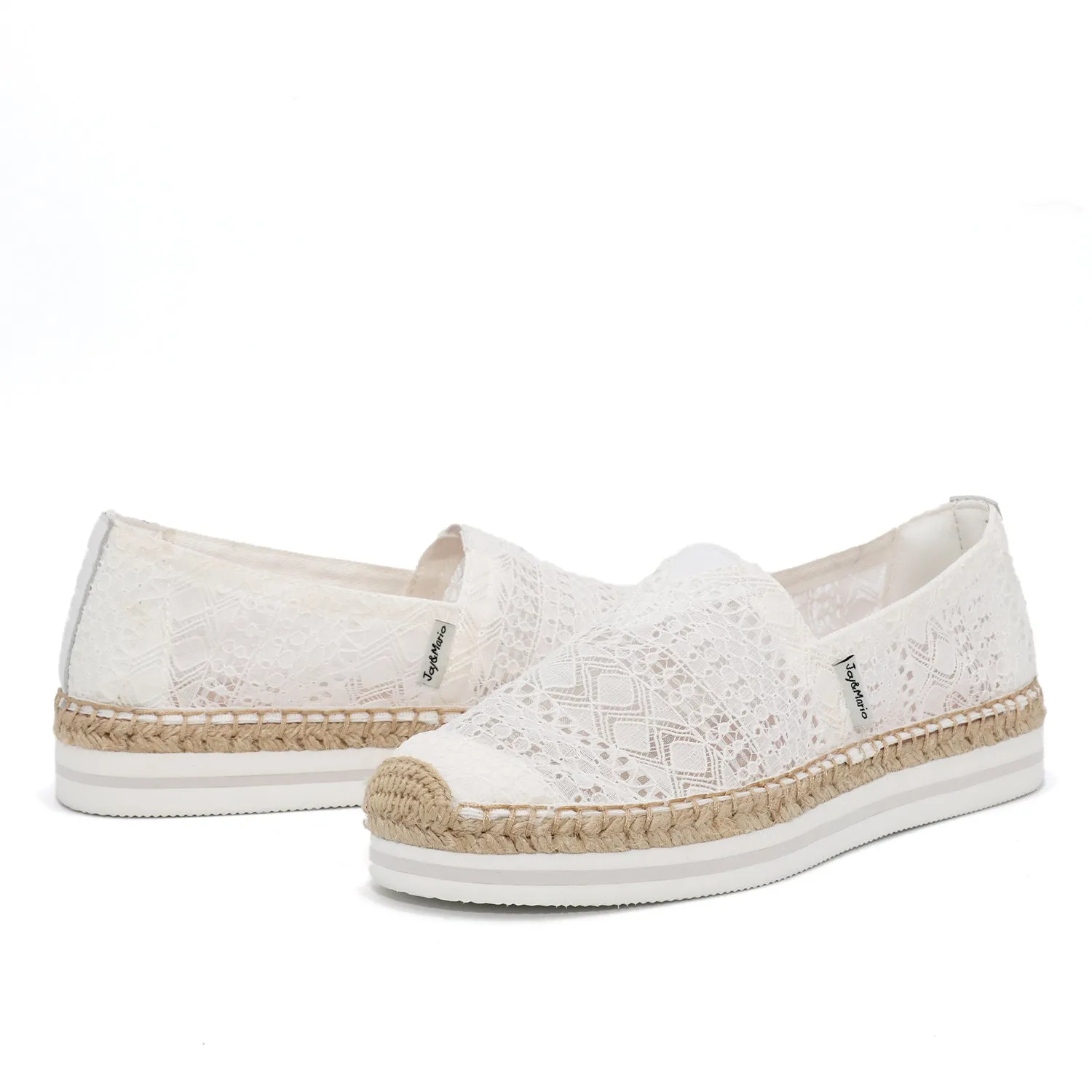 JOY&MARIO Handmade Women’s Slip-On Espadrille Mesh Loafers Platform in White-A51350W