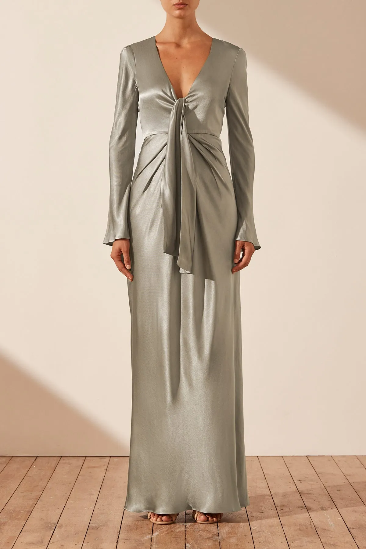 LA LUNE PLUNGED TIE FRONT MAXI DRESS - SAGE