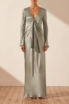 LA LUNE PLUNGED TIE FRONT MAXI DRESS - SAGE