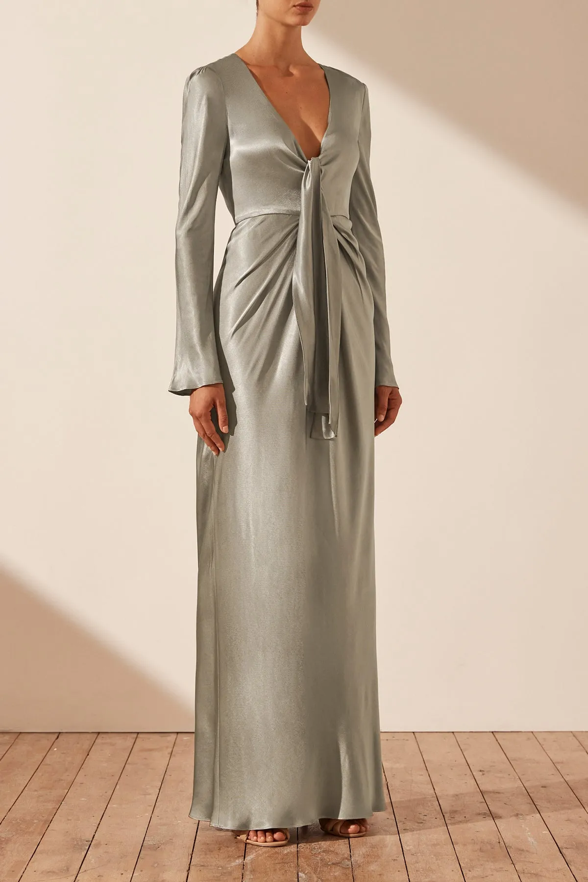 LA LUNE PLUNGED TIE FRONT MAXI DRESS - SAGE