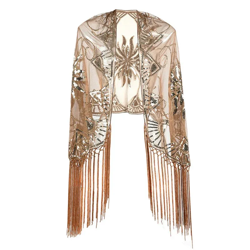 Luxury Accessory Open Front Vintage Flapper Fringe Shawl, Going Out Party Mesh Sequin Elegant Cape Shawls