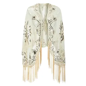 Luxury Accessory Open Front Vintage Flapper Fringe Shawl, Going Out Party Mesh Sequin Elegant Cape Shawls