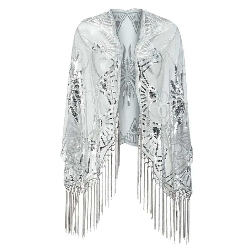 Luxury Accessory Open Front Vintage Flapper Fringe Shawl, Going Out Party Mesh Sequin Elegant Cape Shawls
