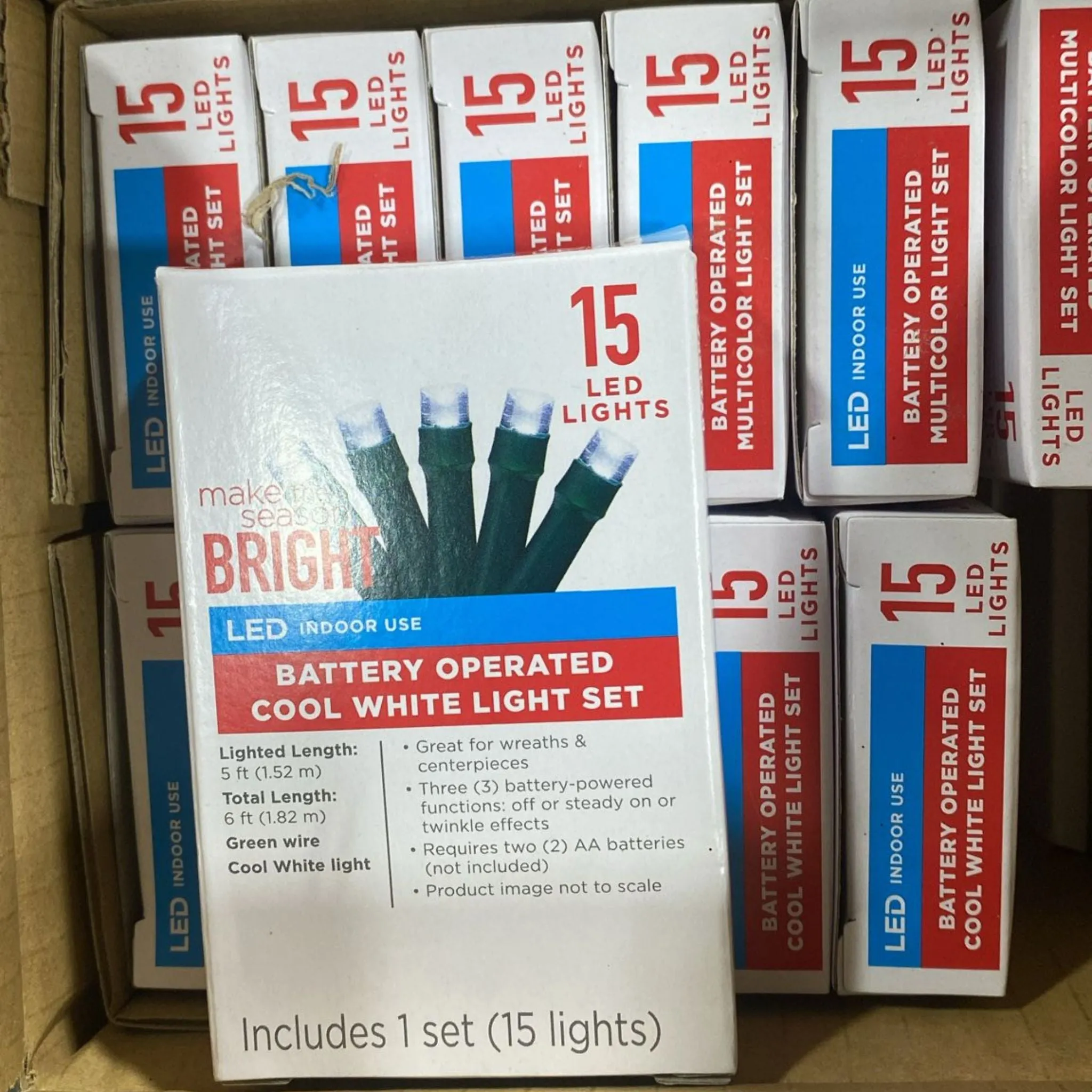 Make The Season Bright LED Indoor Use Battery Operated Cool White Light Set 15 LED Lights (100 Pcs Lot)