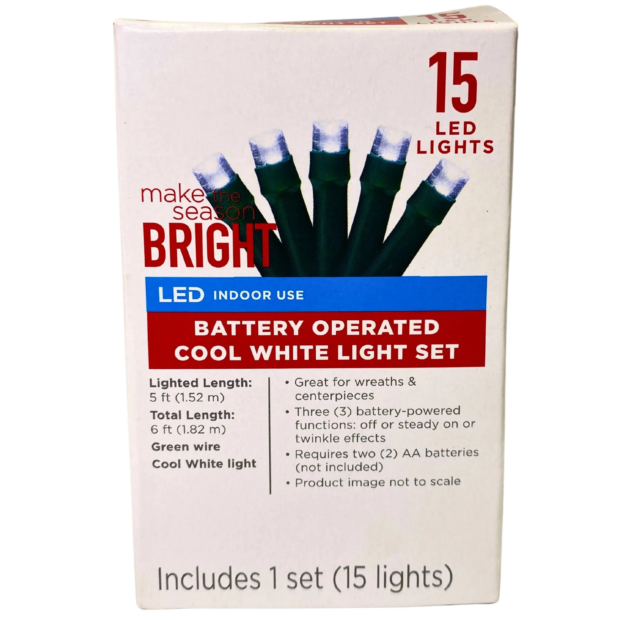 Make The Season Bright LED Indoor Use Battery Operated Cool White Light Set 15 LED Lights (100 Pcs Lot)