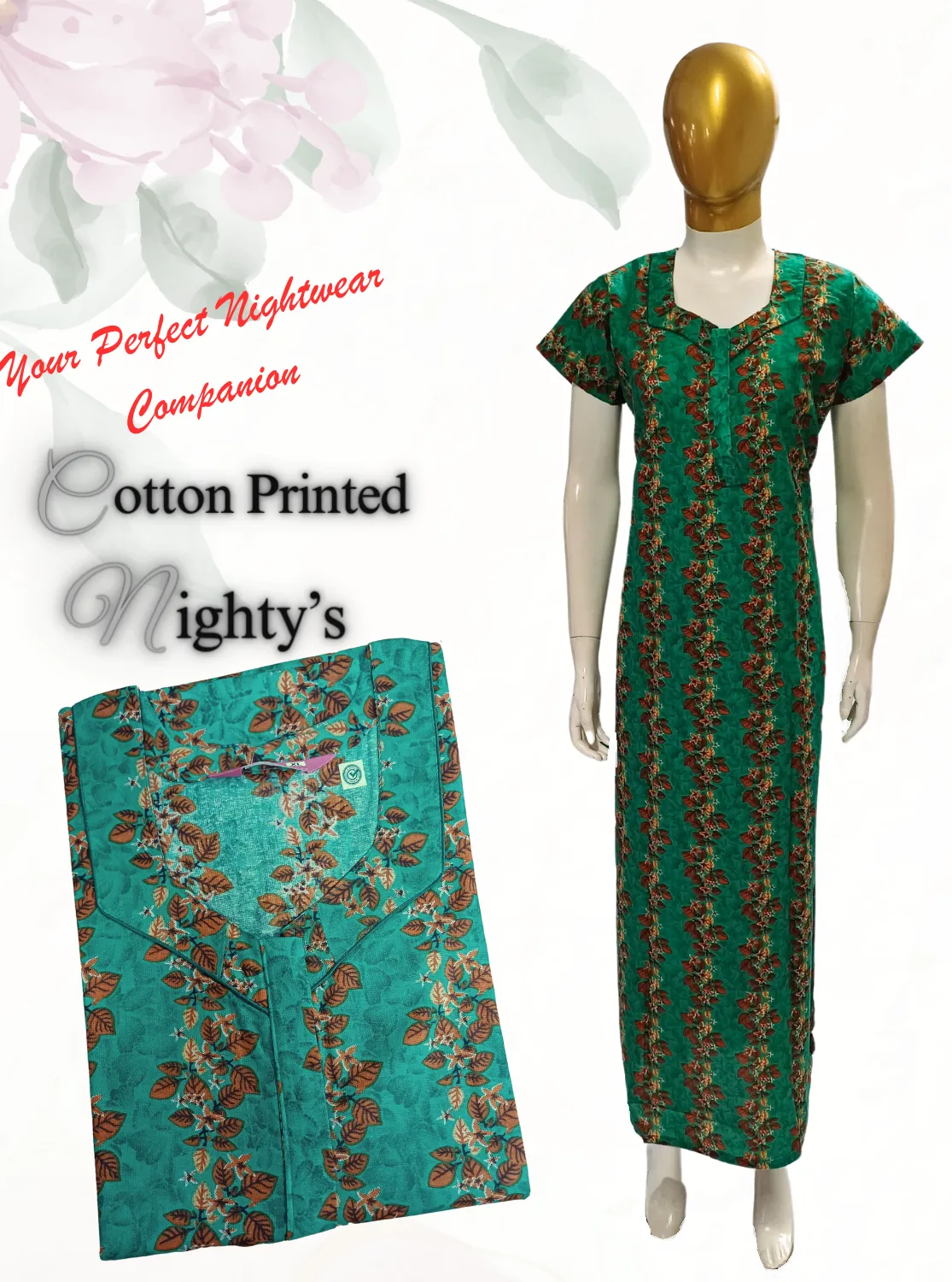 MANGAI New Regular Fit Cotton Printed  Nighties - All Over Printed Stylish Nightwear for Stylish Women | Side Cut Pocket | Beautiful Nighties for Stylish Women's (VNM)