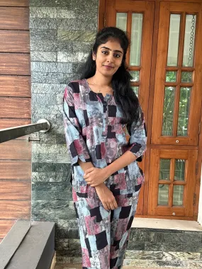 MANGAI Premium RAYON Printed Stylish U-Cut Model Night Suits | Stylish Print's All Over | Top & Bottom Set | 3/4 Sleeve| U-Cut Neck | Trendy Night Suits for Stylish Women's (RUNS-UCUT)