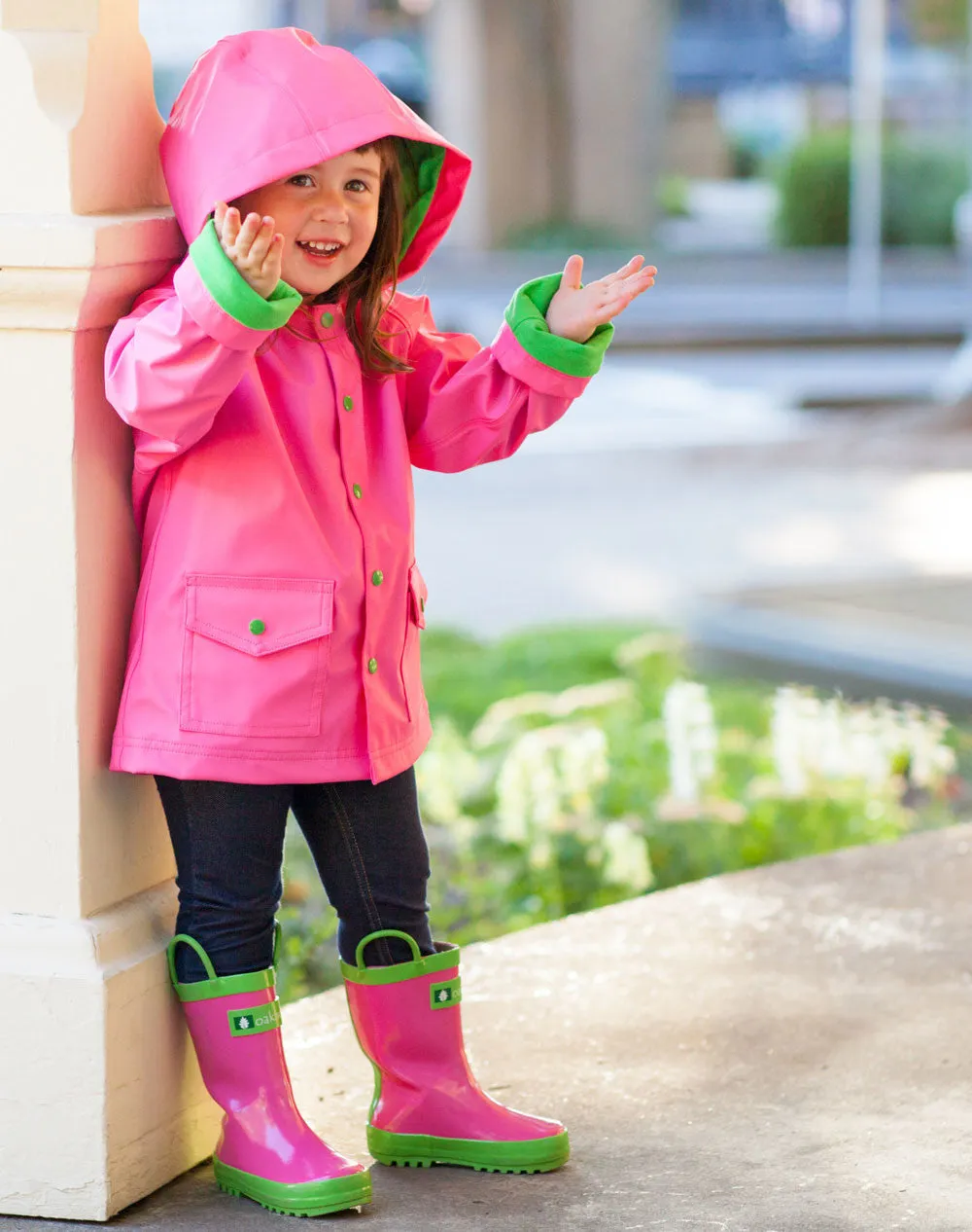 OAKIWEAR CHILDREN’S RAIN JACKET W/ SOFT LINING & EASY ON SNAPS, PINK & GREEN