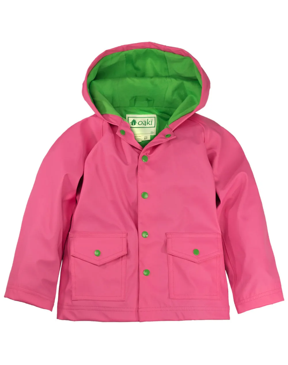 OAKIWEAR CHILDREN’S RAIN JACKET W/ SOFT LINING & EASY ON SNAPS, PINK & GREEN