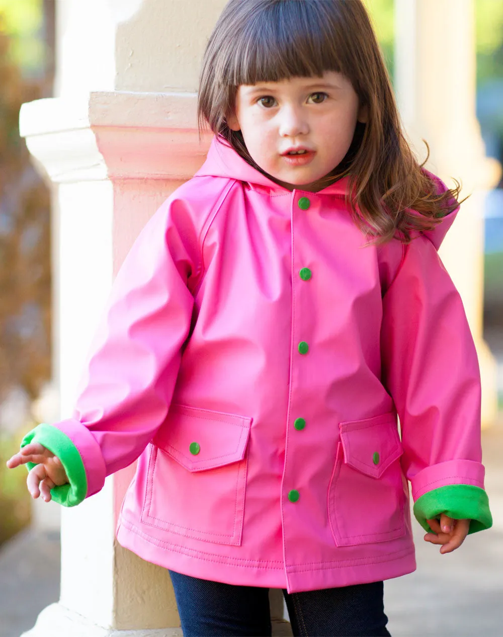 OAKIWEAR CHILDREN’S RAIN JACKET W/ SOFT LINING & EASY ON SNAPS, PINK & GREEN