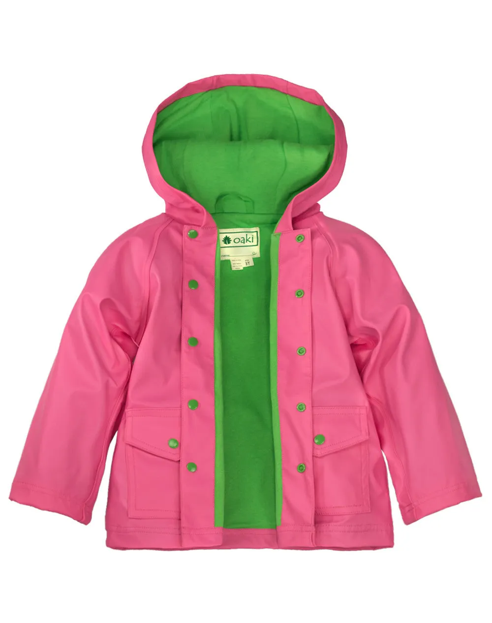 OAKIWEAR CHILDREN’S RAIN JACKET W/ SOFT LINING & EASY ON SNAPS, PINK & GREEN