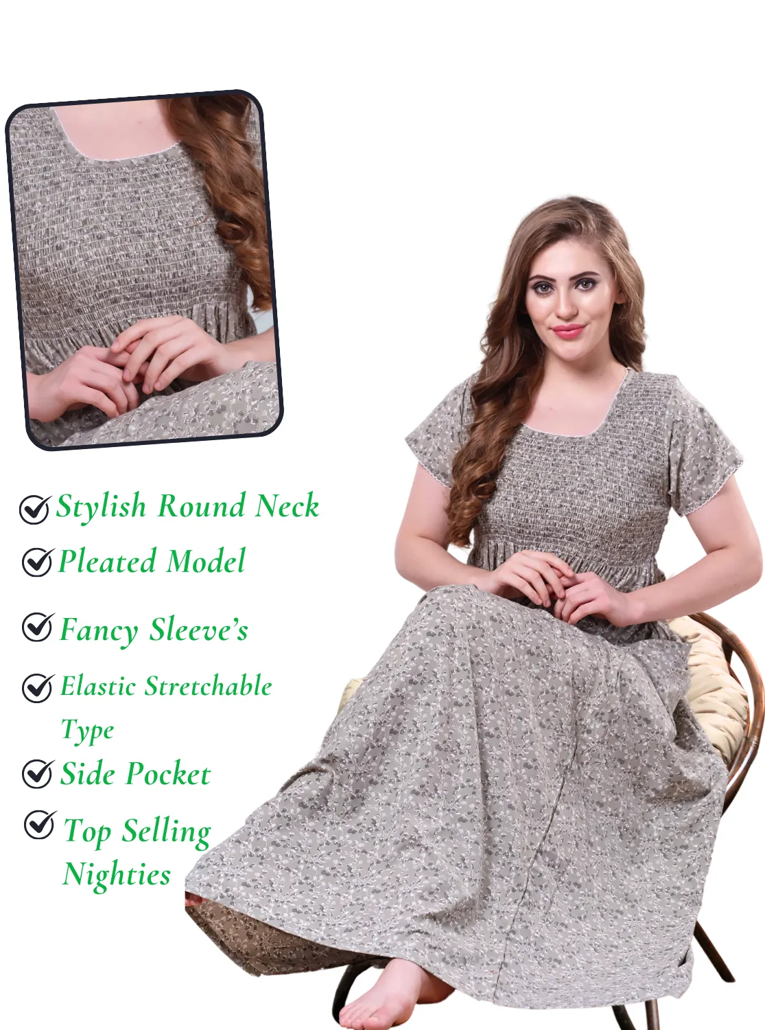 ONLY MINE Premium Smokey Nighty | Stretchable Elastic Type | Beautiful Pleated Model | Side Pocket | Stylish Nighty for Stylish Women's (OM-RAH)