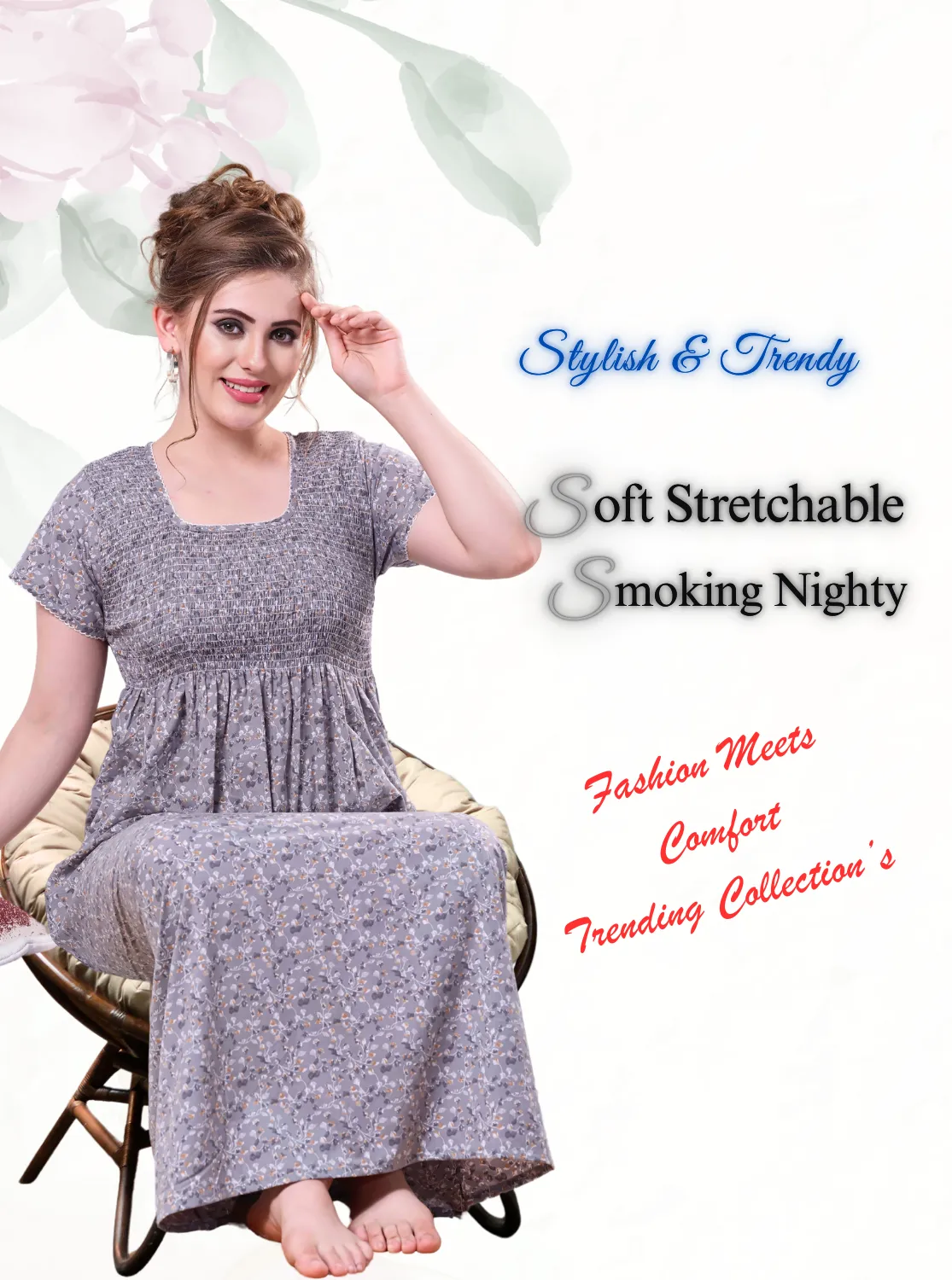 ONLY MINE Premium Smokey Nighty | Stretchable Elastic Type | Beautiful Pleated Model | Side Pocket | Stylish Nighty for Stylish Women's (OM-RAH)