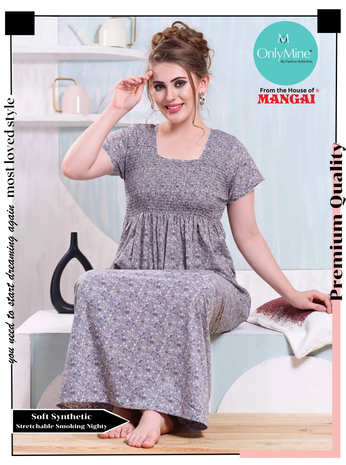 ONLY MINE Premium Smokey Nighty | Stretchable Elastic Type | Beautiful Pleated Model | Side Pocket | Stylish Nighty for Stylish Women's (OM-RAH)