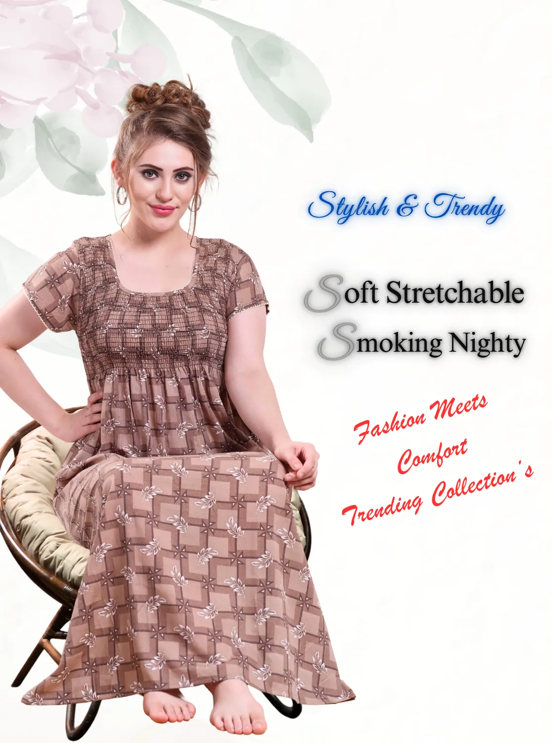 ONLY MINE Premium Smokey Nighty | Stretchable Elastic Type | Beautiful Pleated Model | Side Pocket | Stylish Nighty for Stylish Women's (OM-RAH)