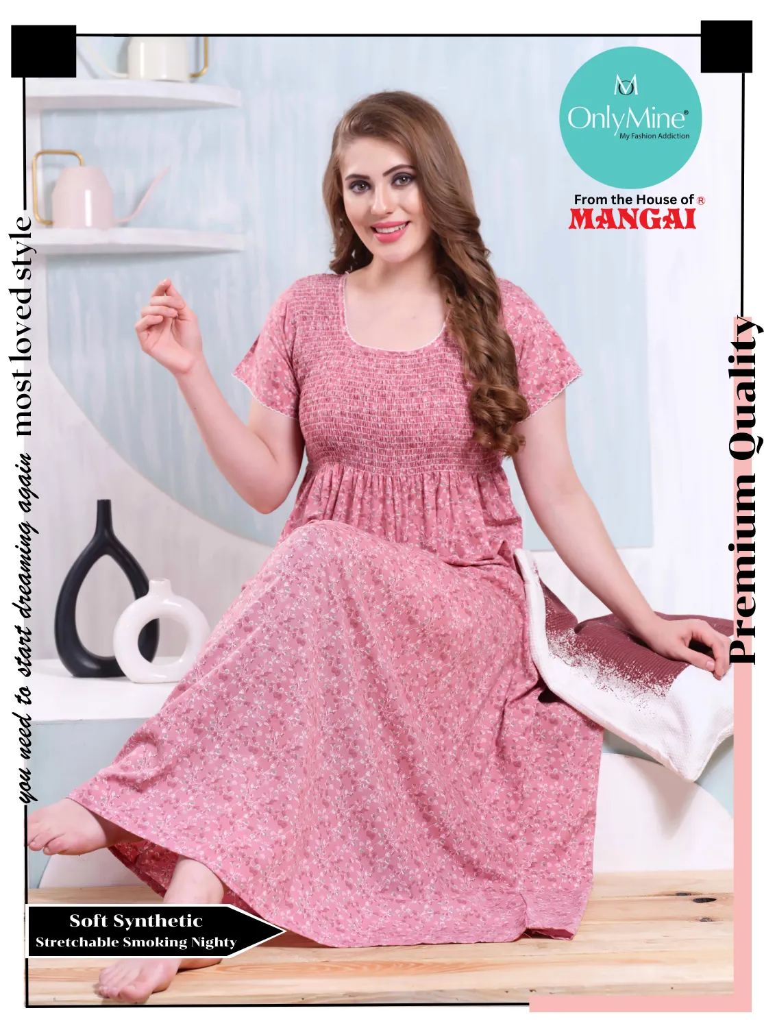 ONLY MINE Premium Smokey Nighty | Stretchable Elastic Type | Beautiful Pleated Model | Side Pocket | Stylish Nighty for Stylish Women's (OM-RAH)