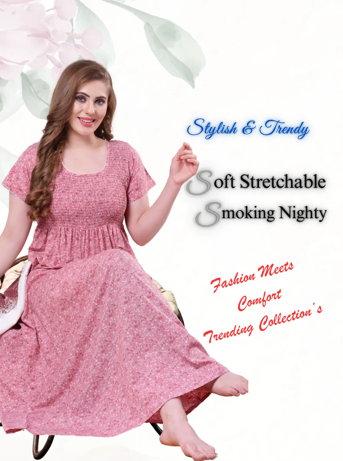 ONLY MINE Premium Smokey Nighty | Stretchable Elastic Type | Beautiful Pleated Model | Side Pocket | Stylish Nighty for Stylish Women's (OM-RAH)