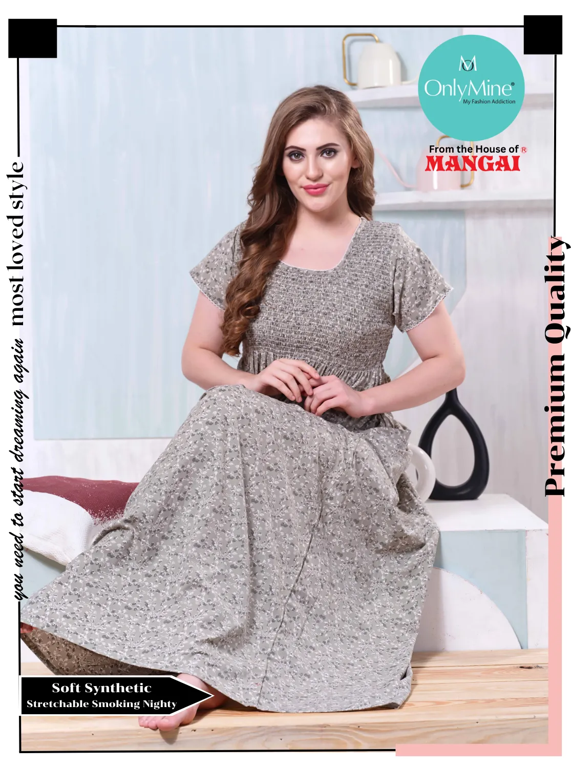 ONLY MINE Premium Smokey Nighty | Stretchable Elastic Type | Beautiful Pleated Model | Side Pocket | Stylish Nighty for Stylish Women's (OM-RAH)
