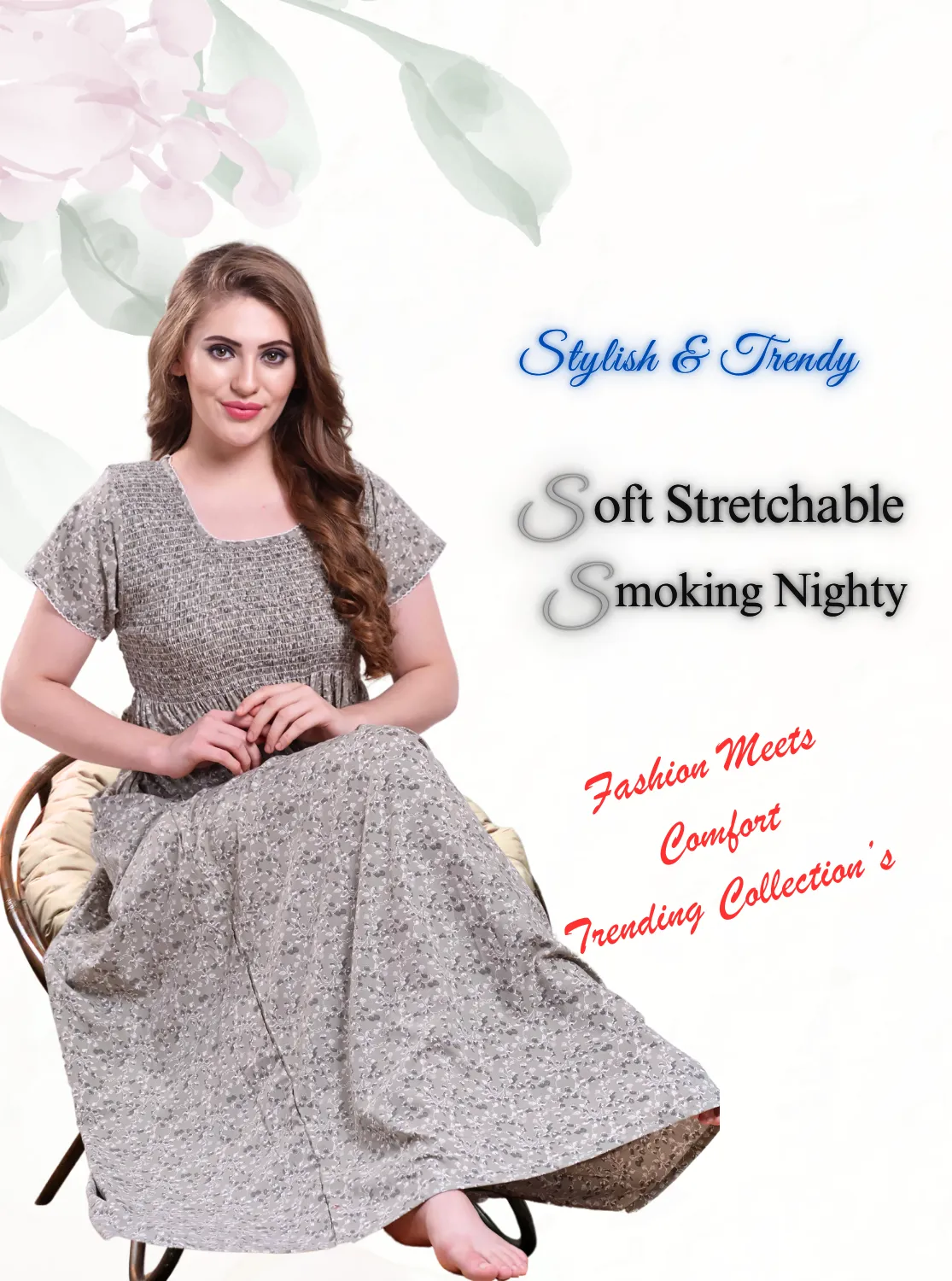 ONLY MINE Premium Smokey Nighty | Stretchable Elastic Type | Beautiful Pleated Model | Side Pocket | Stylish Nighty for Stylish Women's (OM-RAH)