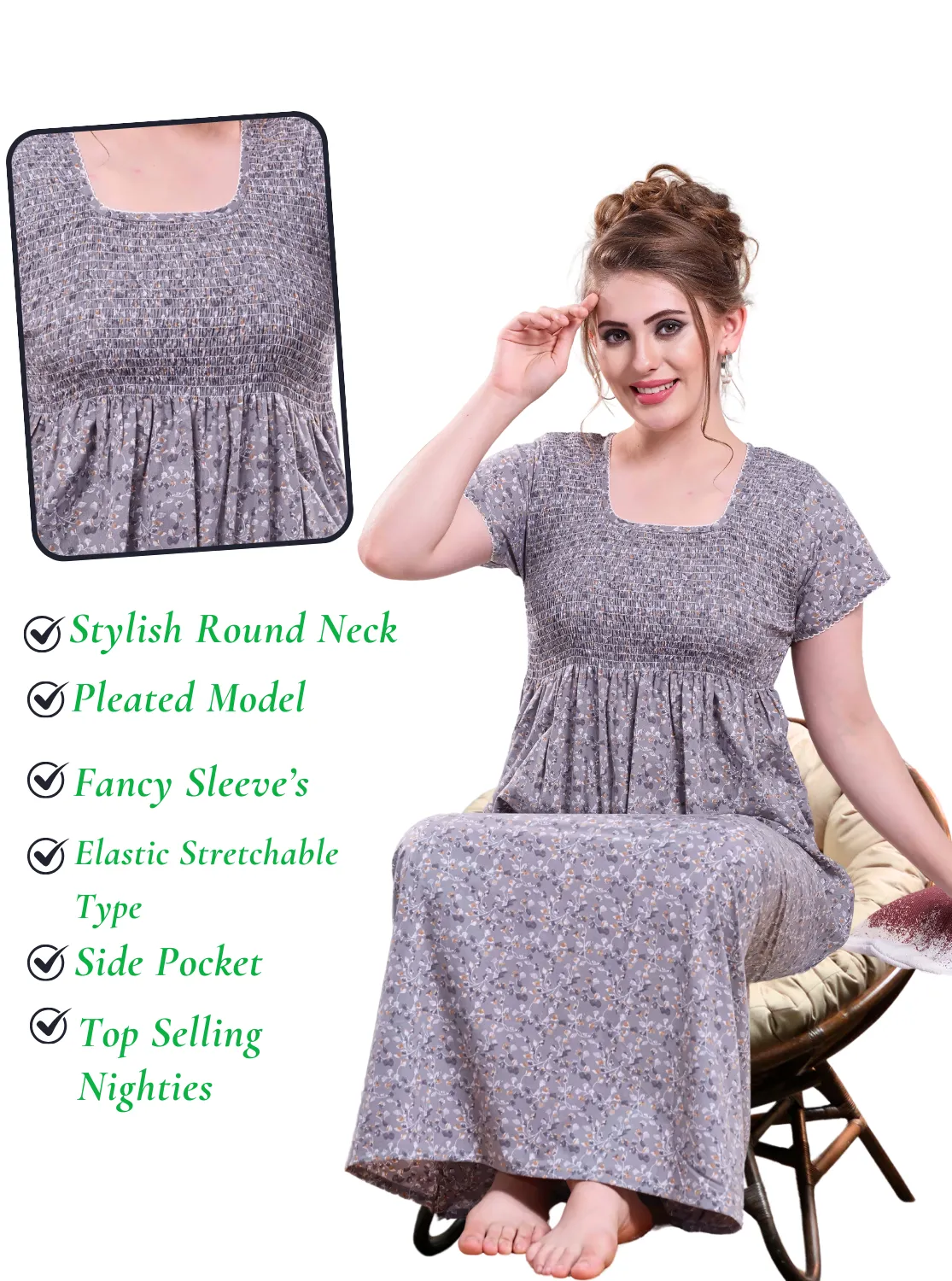 ONLY MINE Premium Smokey Nighty | Stretchable Elastic Type | Beautiful Pleated Model | Side Pocket | Stylish Nighty for Stylish Women's (OM-RAH)