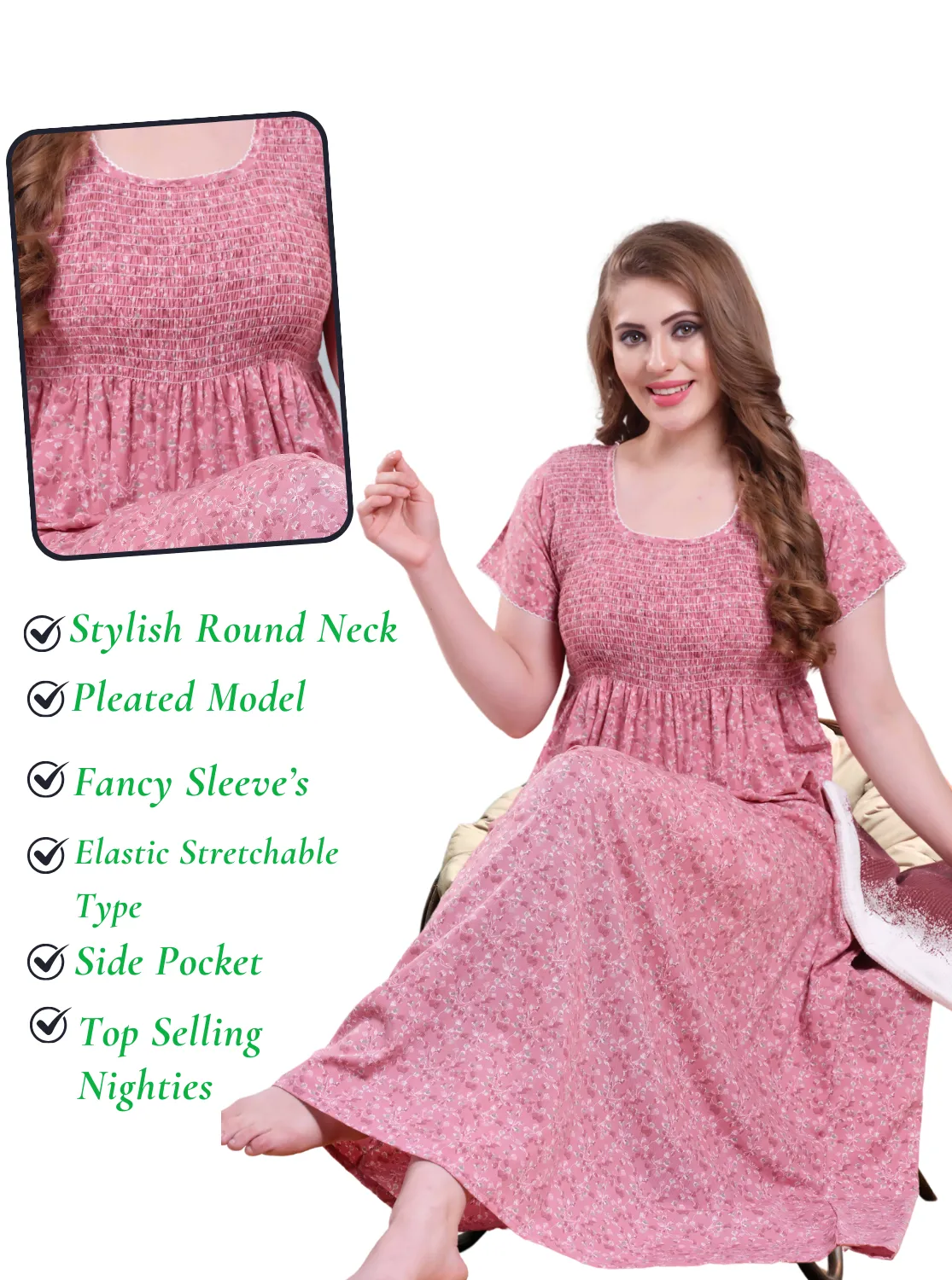 ONLY MINE Premium Smokey Nighty | Stretchable Elastic Type | Beautiful Pleated Model | Side Pocket | Stylish Nighty for Stylish Women's (OM-RAH)