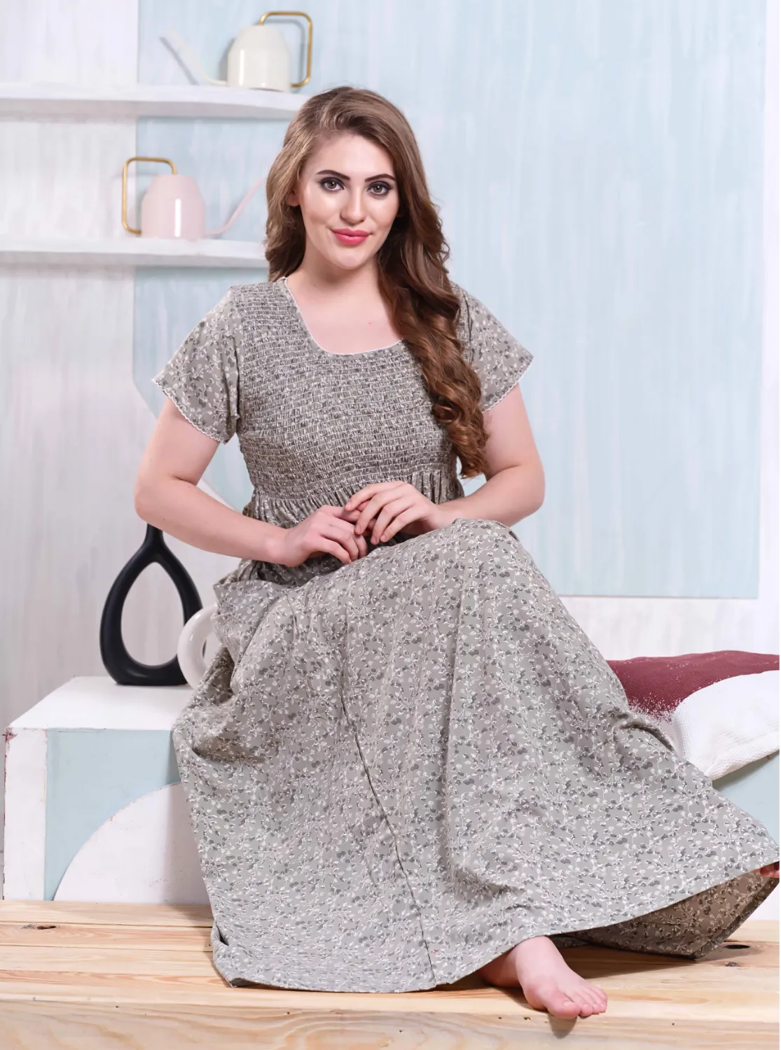 ONLY MINE Premium Smokey Nighty | Stretchable Elastic Type | Beautiful Pleated Model | Side Pocket | Stylish Nighty for Stylish Women's (OM-RAH)