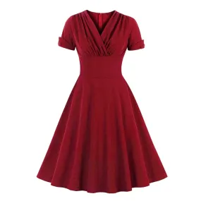 Retro Dress V Neck Wrap High Waist 1950S Vintage Green A Line Swing Dress, Solid Color Elegant Party Midi Retro Dress