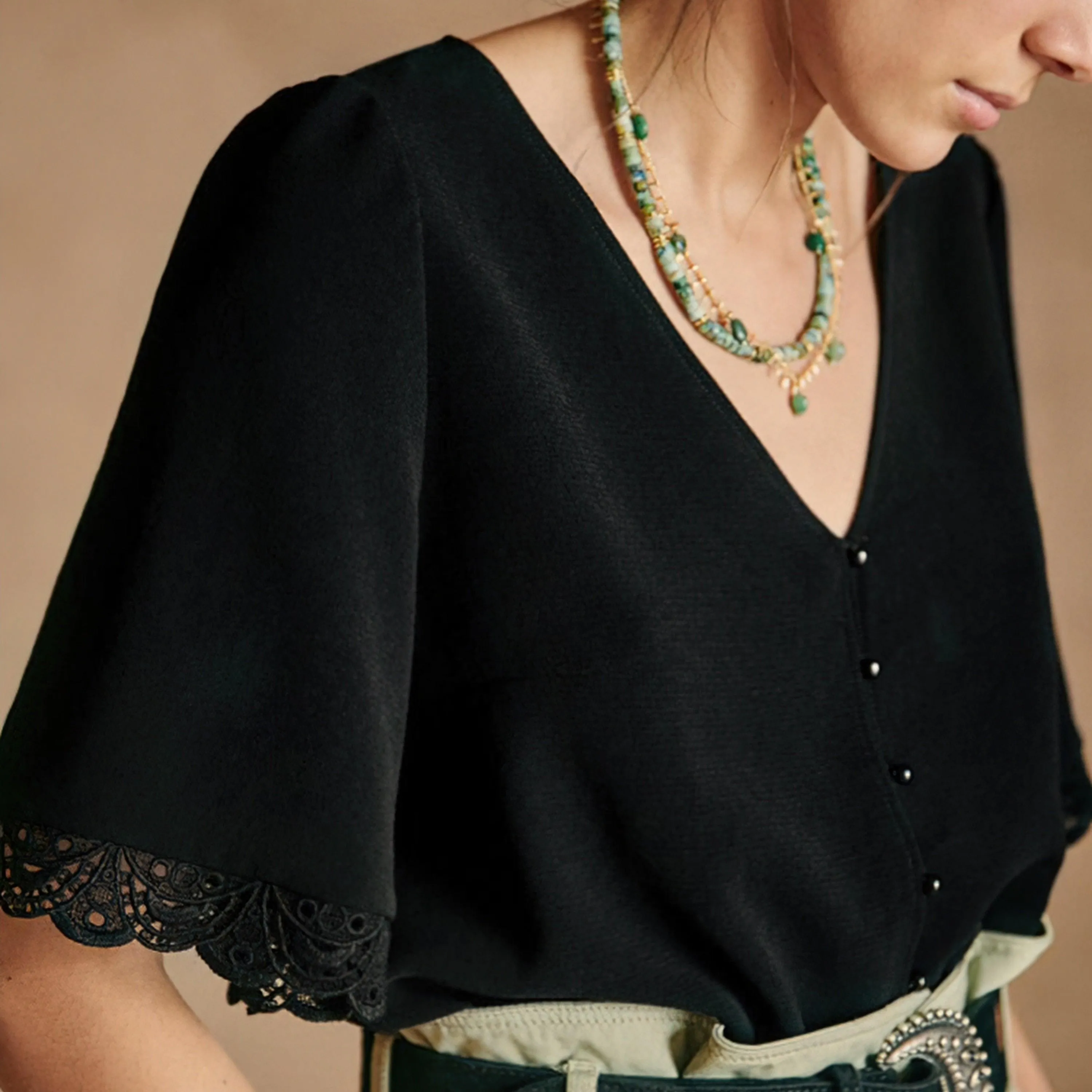 Retro Vintage V Neck Half flared Sleeve blouse, Retro Casual Chiffon blouse