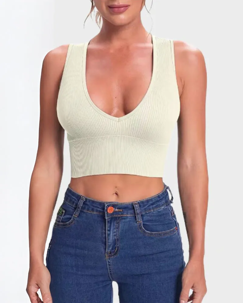 SheCurve® Ribbed Sleeveless Deep V Neck Crop Tops