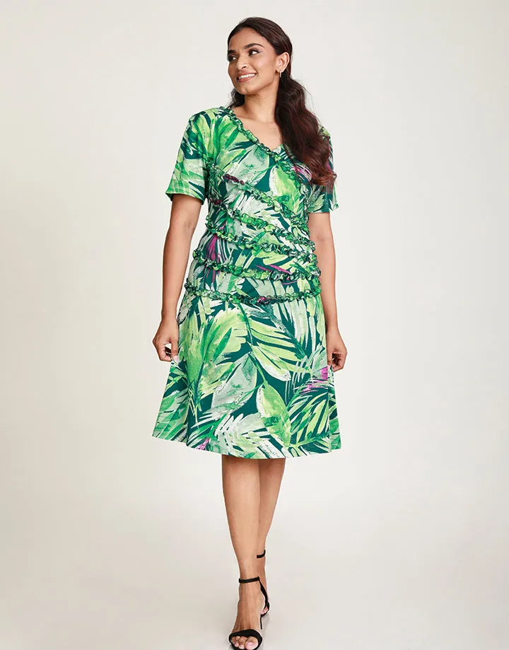 V-Neck Dress with Ruffle Trim Frill Details