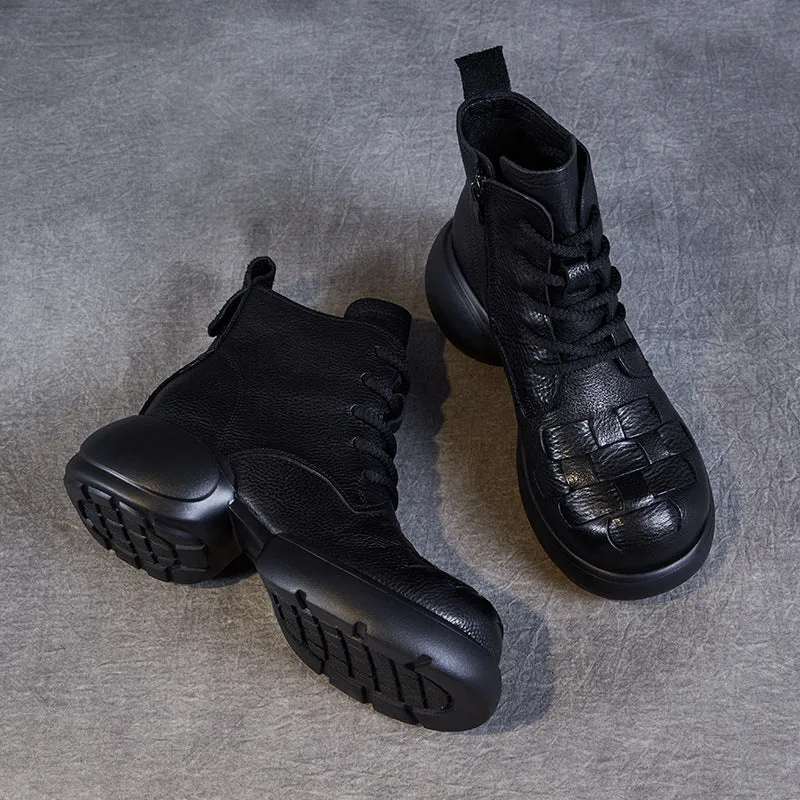 Women Handmade Plaited Soft Leather Retro Boots