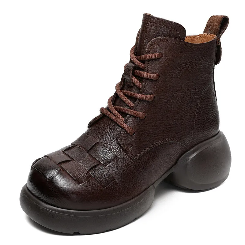 Women Handmade Plaited Soft Leather Retro Boots