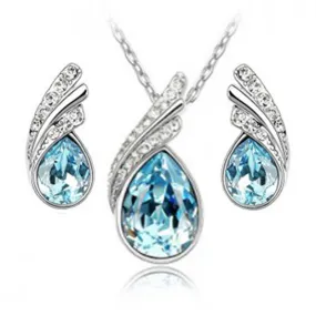 Women's Exquisite Water Drops Austria Crystal 925 Sterling Silver Necklace and Earrings Jewelry Set