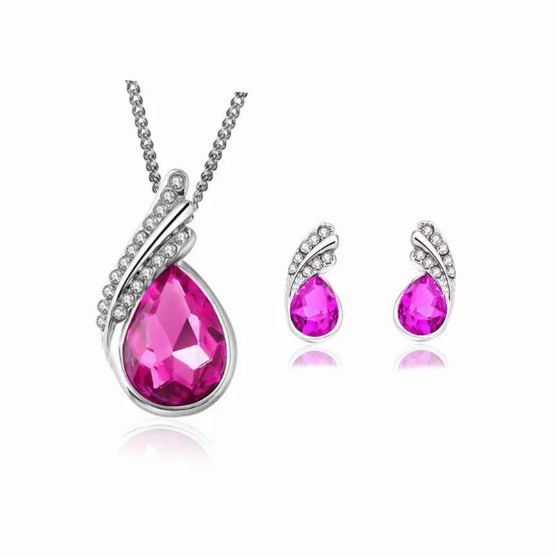 Women's Exquisite Water Drops Austria Crystal 925 Sterling Silver Necklace and Earrings Jewelry Set